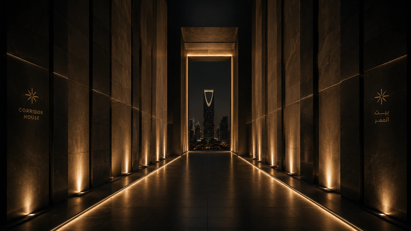 A lit colonnade framing the Riyadh skyline and Kingdom Tower at dusk — the Corridor House threshold
